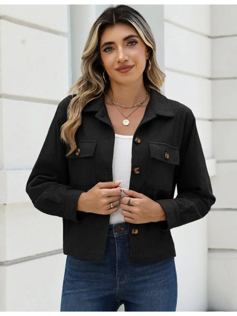 Women's Black Fashion Cropped Corduroy Button Down Long Sleeve Trendy Jacket